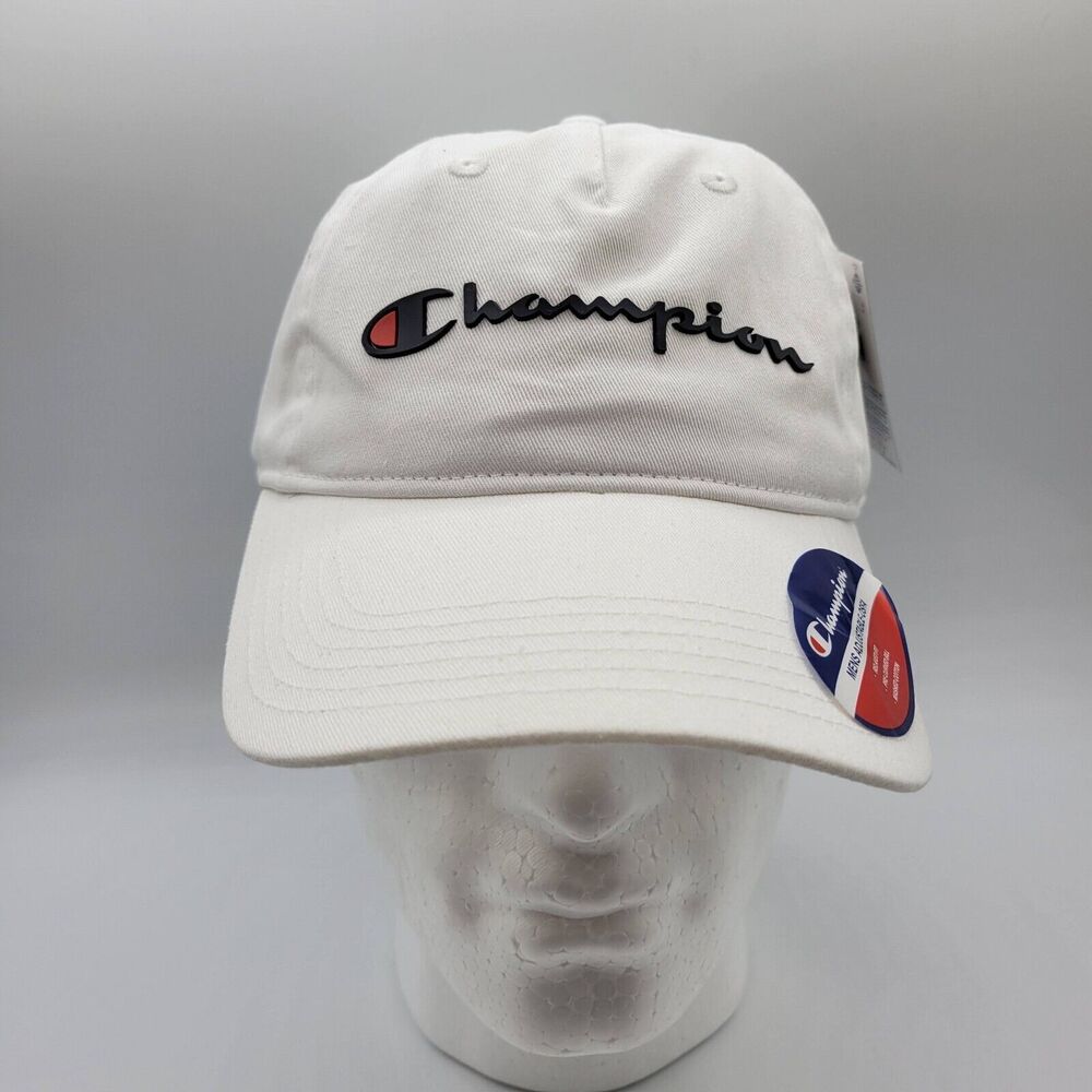 Champion Adjustable Dad Hat Mens Womens White Embroidered Script Logo